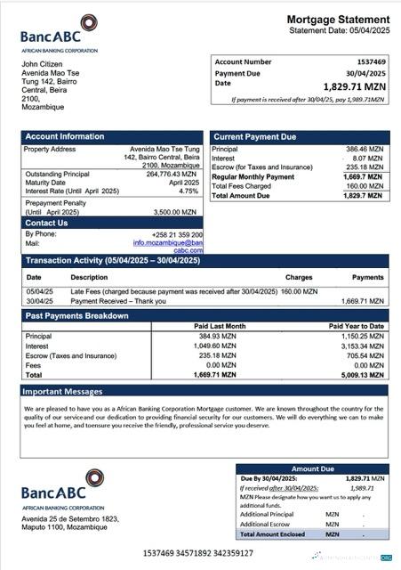 Download Mozambique African Banking Corporation mortgage statement Word and PDF template Photoshop template